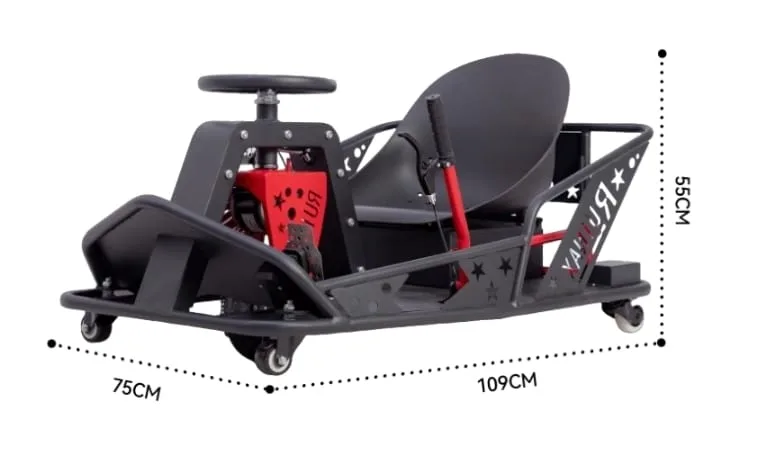 Maße des Elektro-Drift-Karts — ca. 109 × 75 × 55 cm